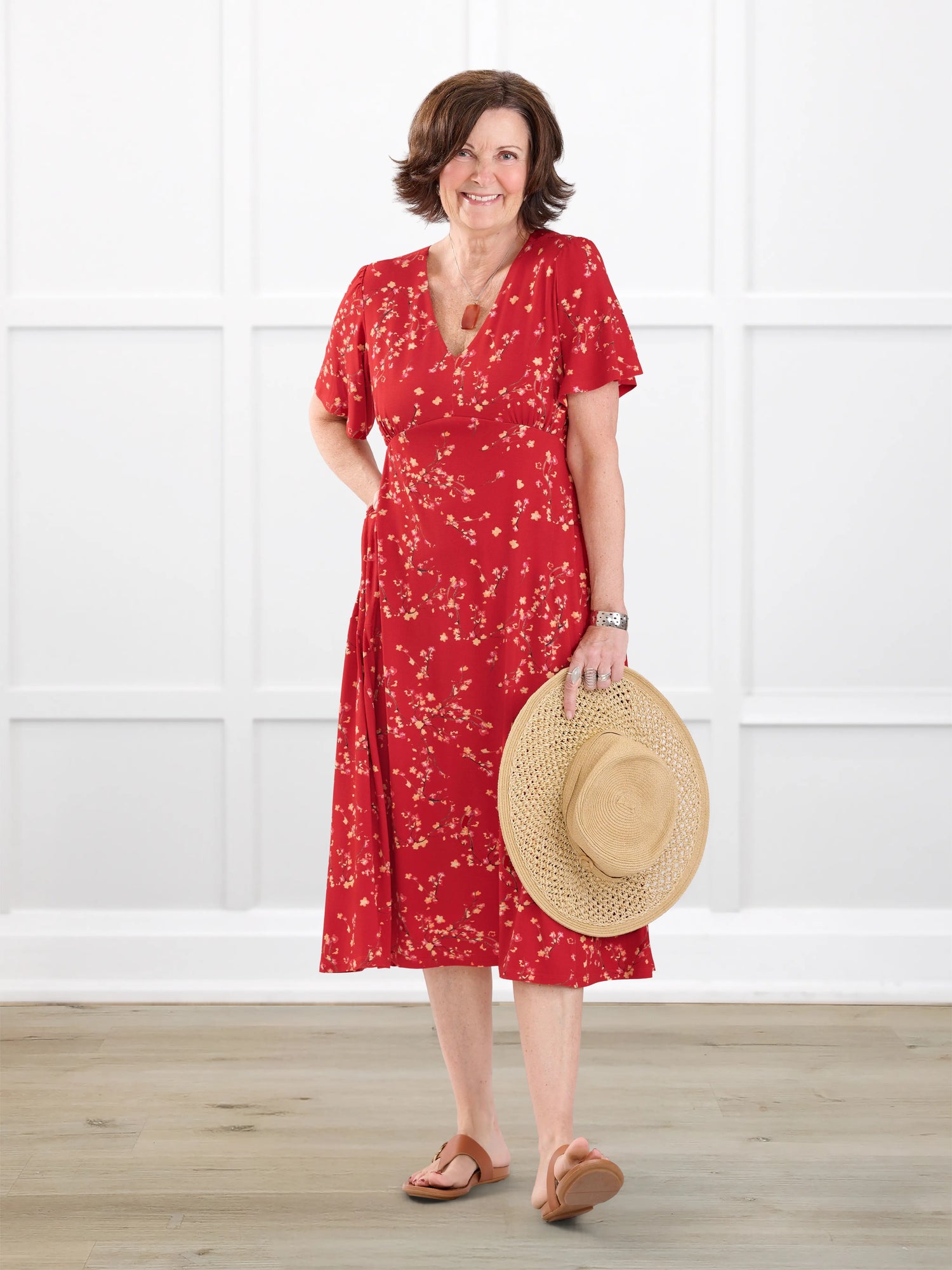 Juliana flutter sleeve midi dress for women in Chili blossom on model Donna, size S Regular @Donna-S-regular 
