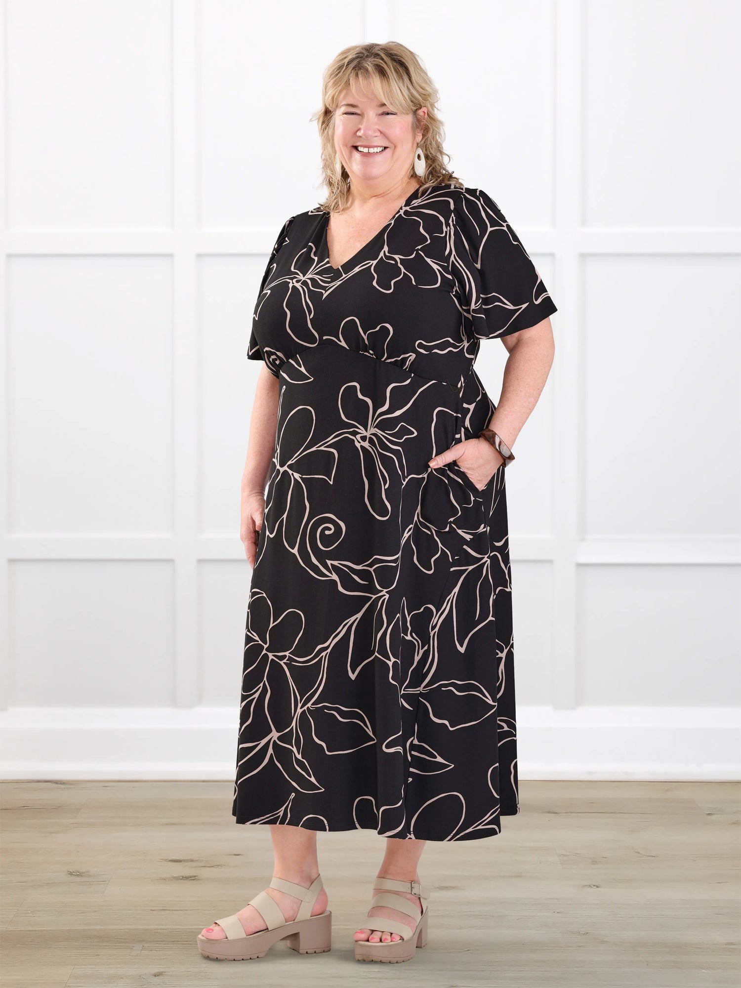 Juliana flutter sleeve midi dress for women in Contour floral on model Kelly, size 3X @Kelly-3x 