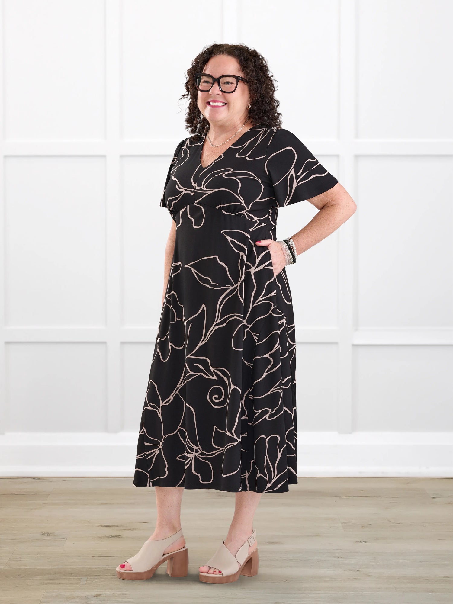 Juliana flutter sleeve midi dress for women in Contour floral on model Kerri, size M Petite @Kerri-M-petite 