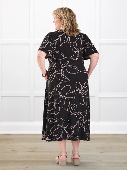 Juliana flutter sleeve midi dress for women in Contour floral on model Kelly, size 3X @Kelly-3x 