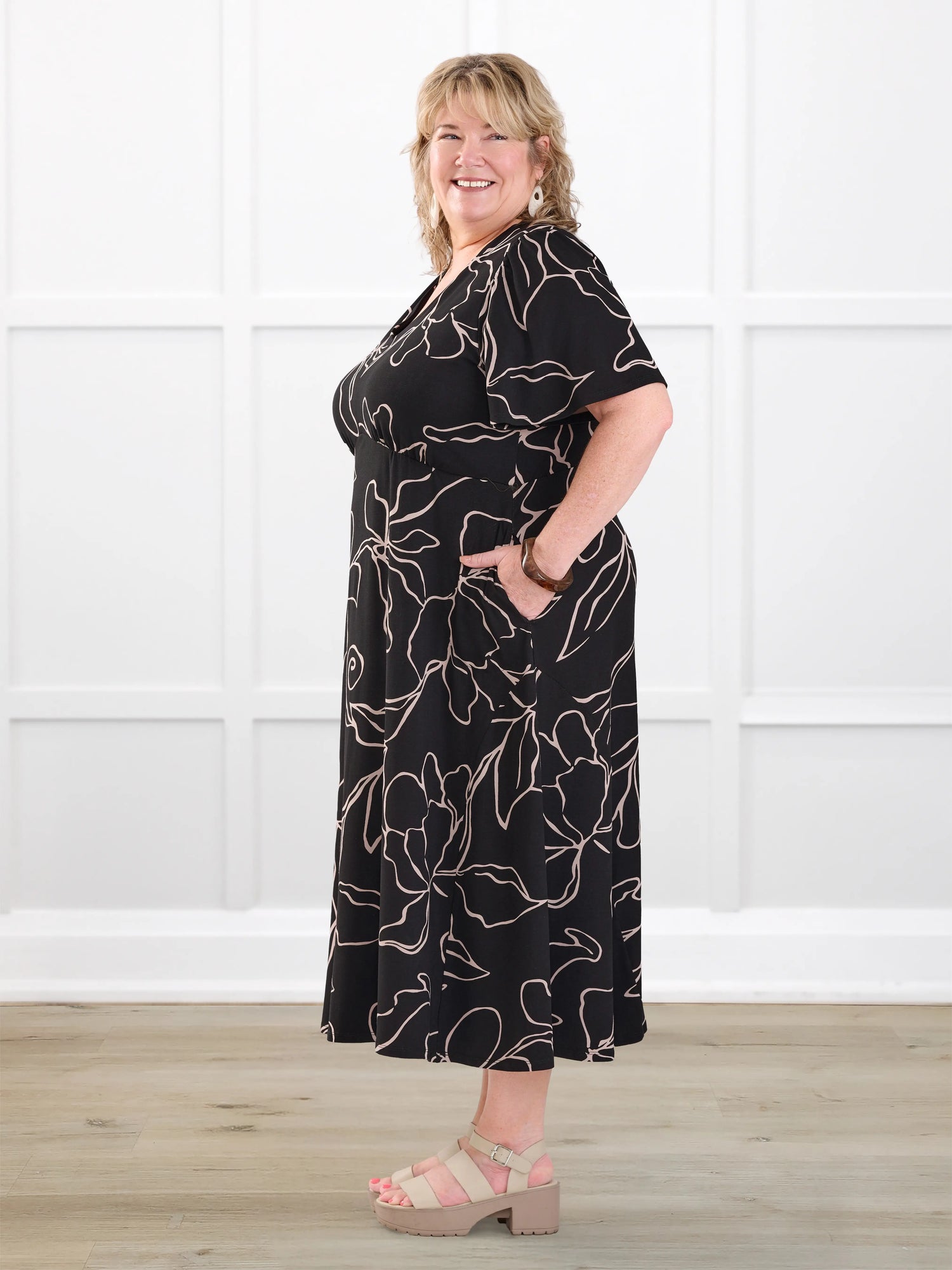 Juliana flutter sleeve midi dress for women in Contour floral on model Kelly, size 3X @Kelly-3x 