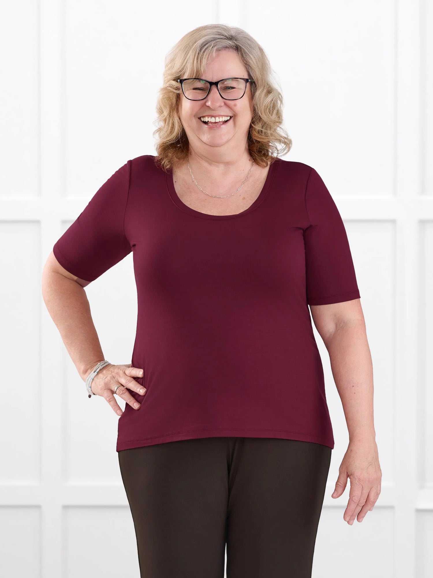 Julita scoop neck half sleeve tee for women in Merlot on model Deb, size XL @Deb-XL 