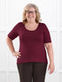 Julita scoop neck half sleeve tee for women in Merlot on model Deb, size XL @Deb-XL 