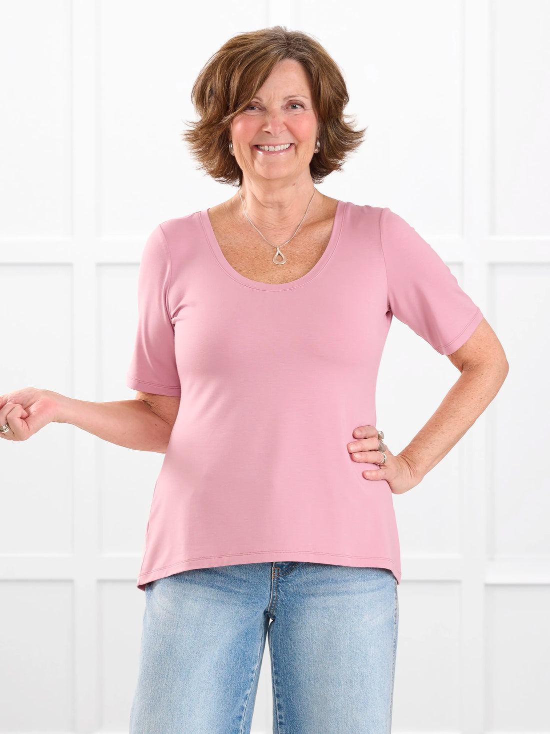 Julita scoop neck half sleeve tee for women in Rosebud on model Donna, size S @Donna-S 