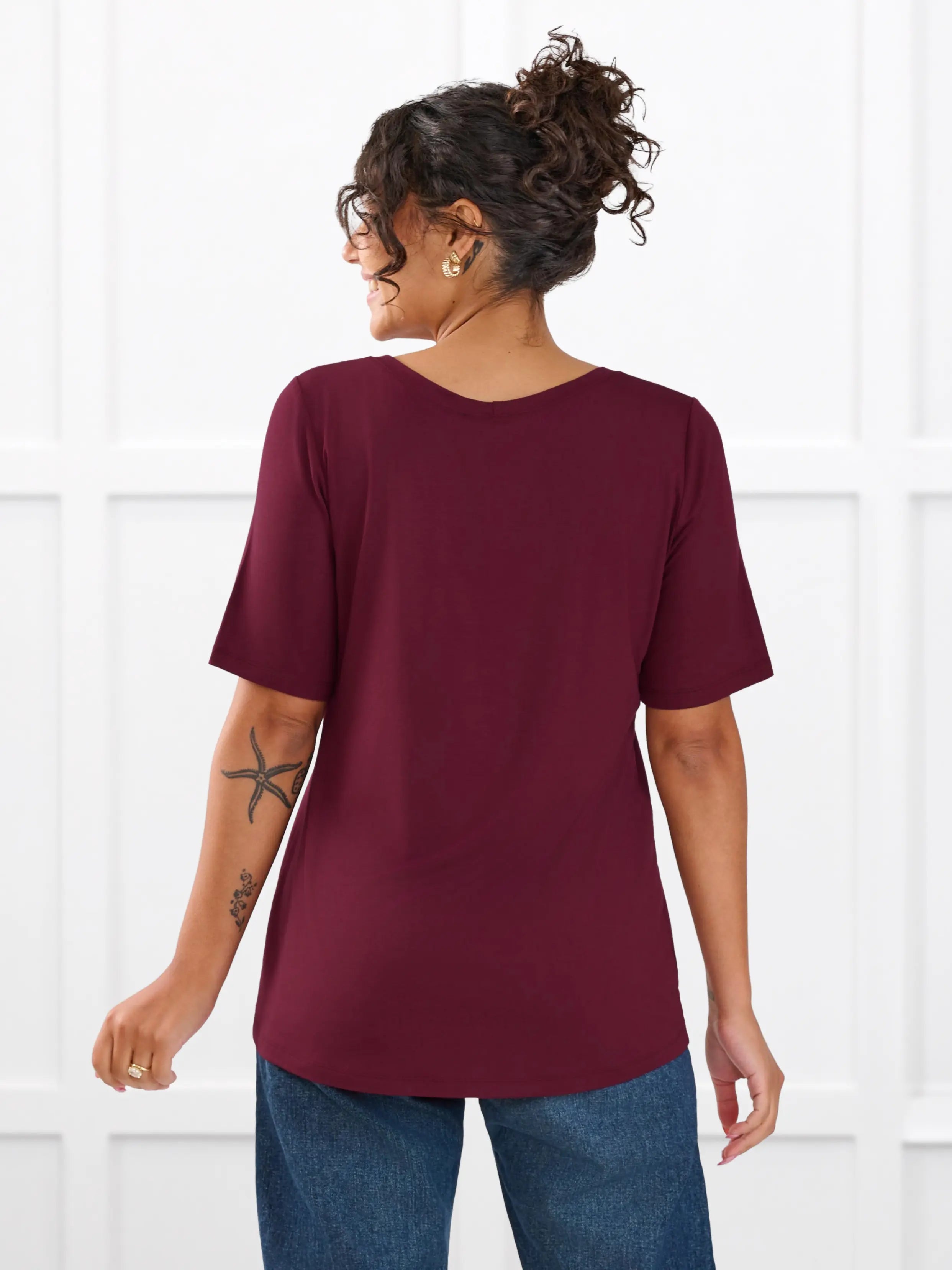 Julita scoop neck half sleeve tee for women in Merlot on model Meron, size XS @Meron-XS 