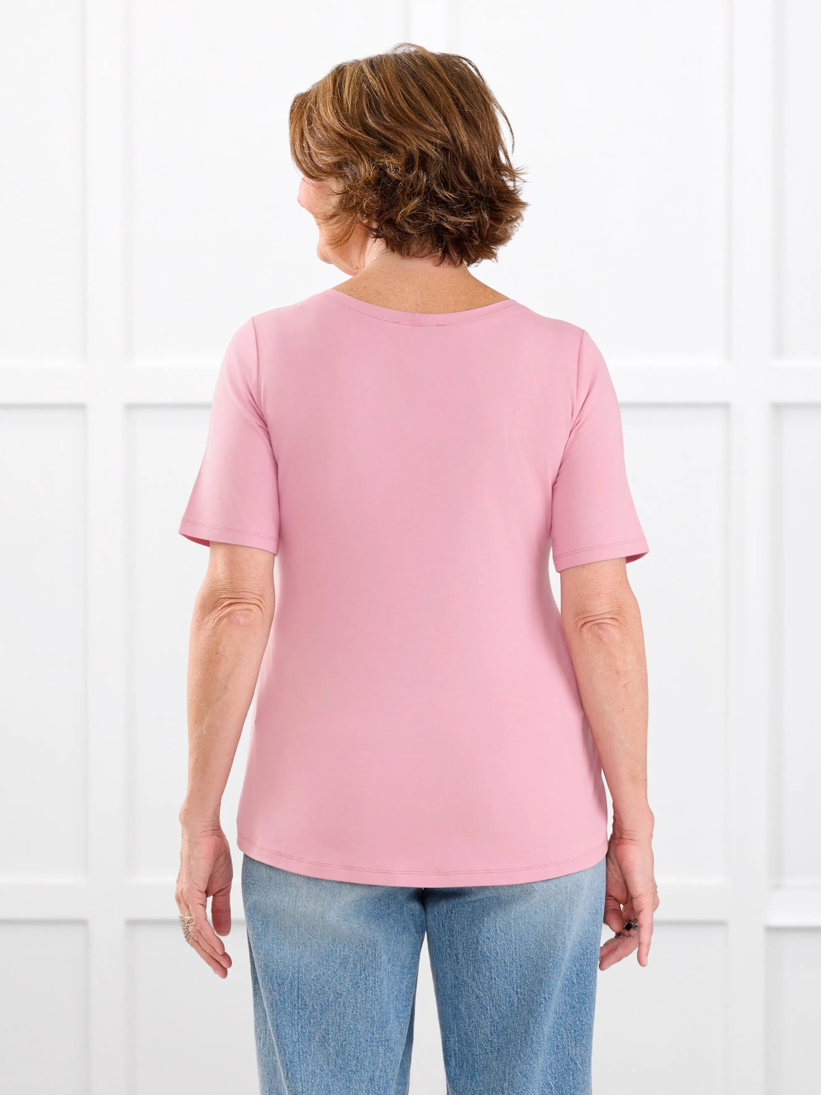Julita scoop neck half sleeve tee for women in Rosebud on model Donna, size S @Donna-S 