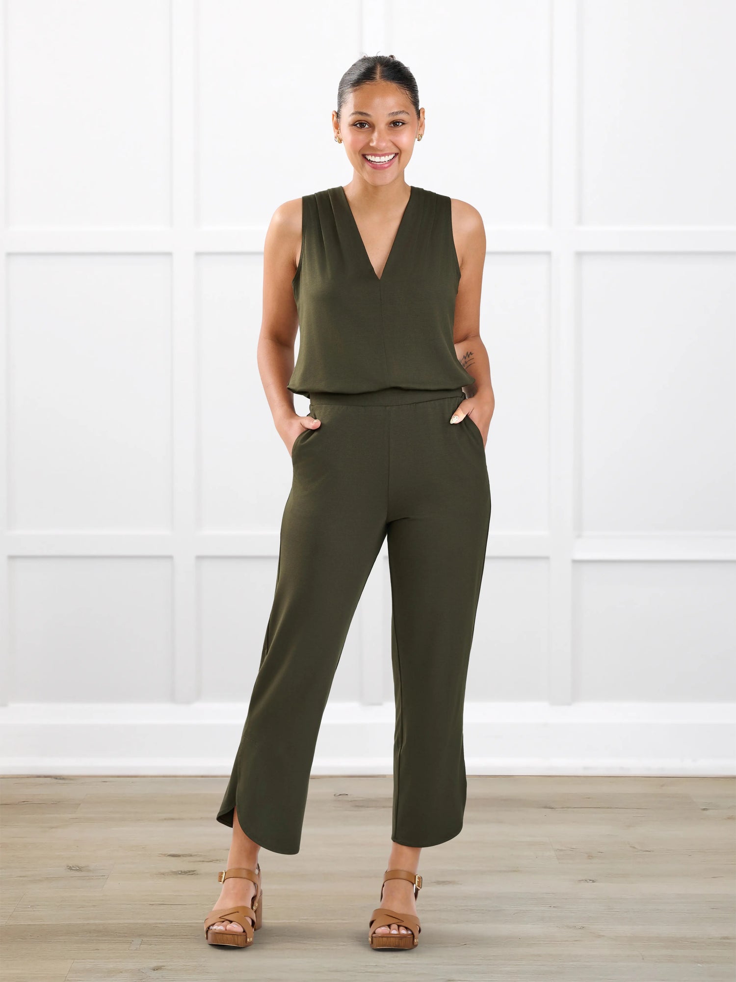 Juna open back dressy capri jumpsuit for women in Olive on model Meron, size XS @Meron-XS 