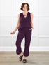 Juna open back dressy capri jumpsuit for women in Port on model Donna, size S @Donna-S 