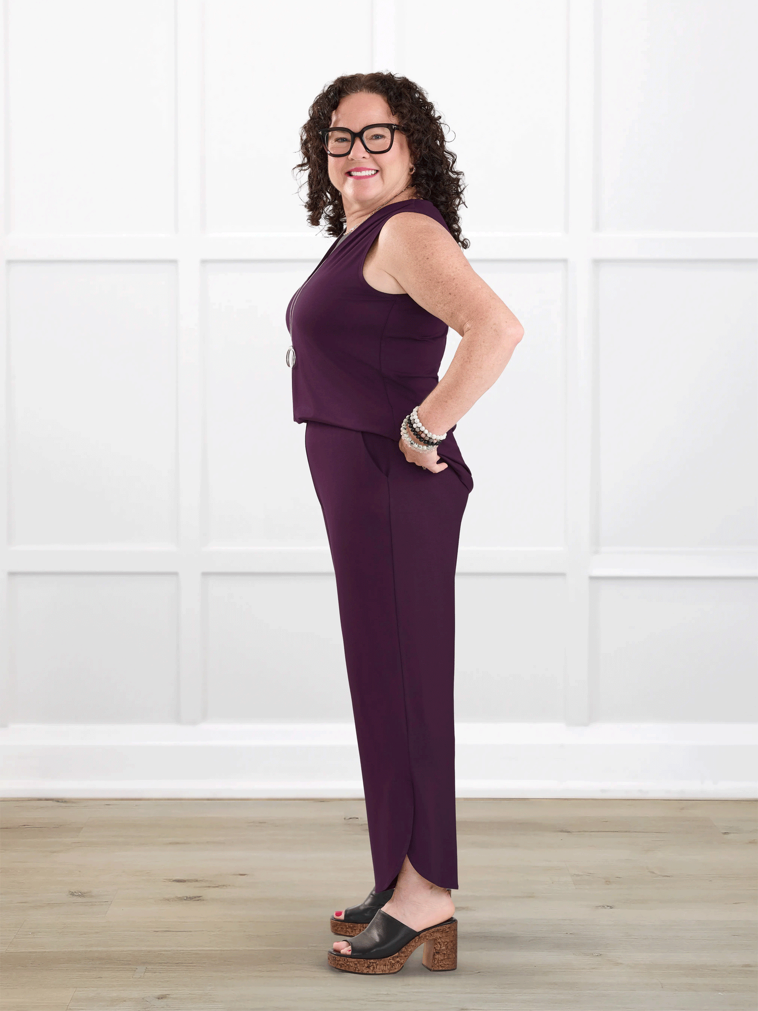 Juna open back dressy capri jumpsuit for women in Port on model Kerri, size M @Kerri-M 