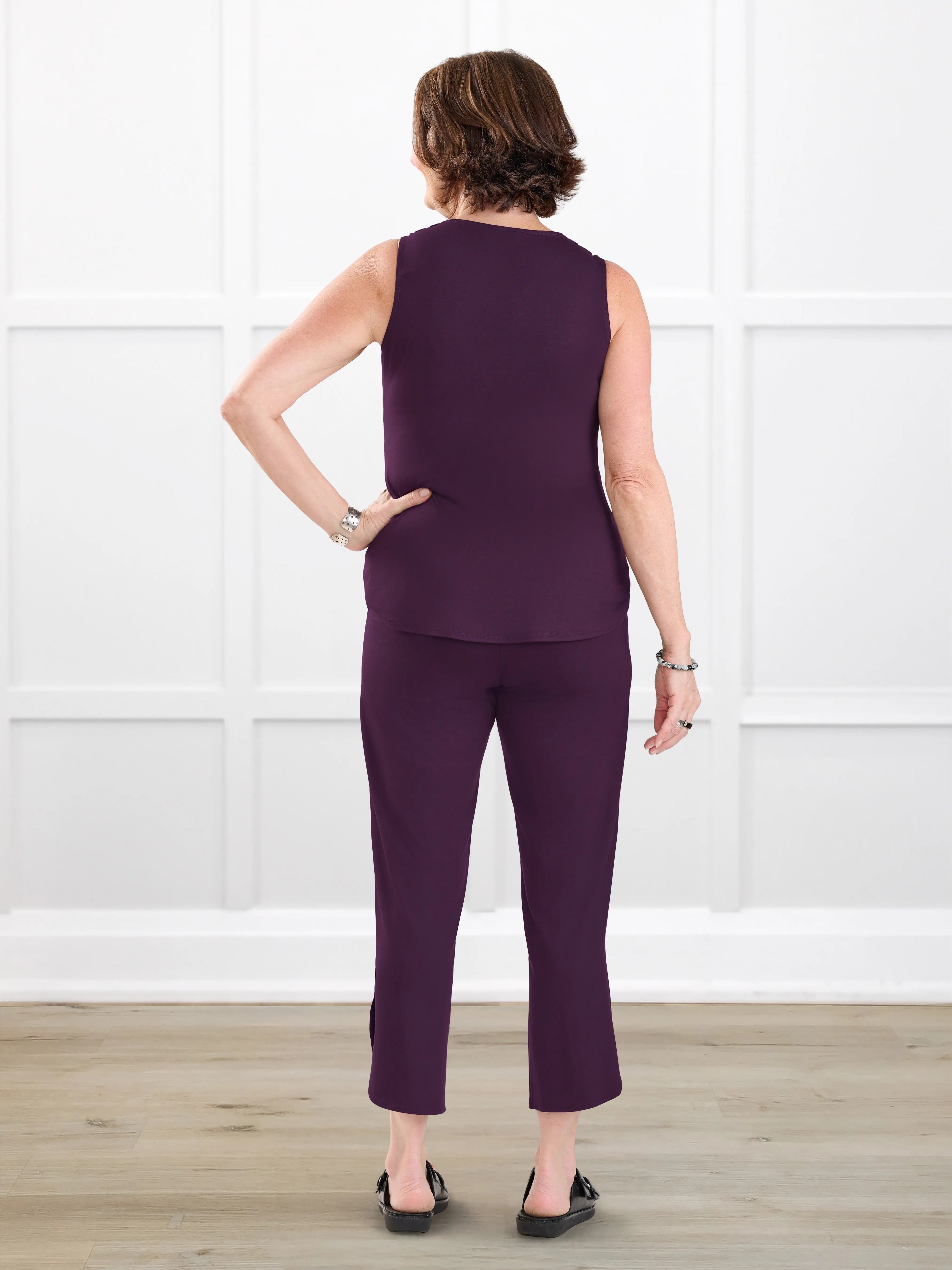 Juna open back dressy capri jumpsuit for women in Port on model Donna, size S @Donna-S 
