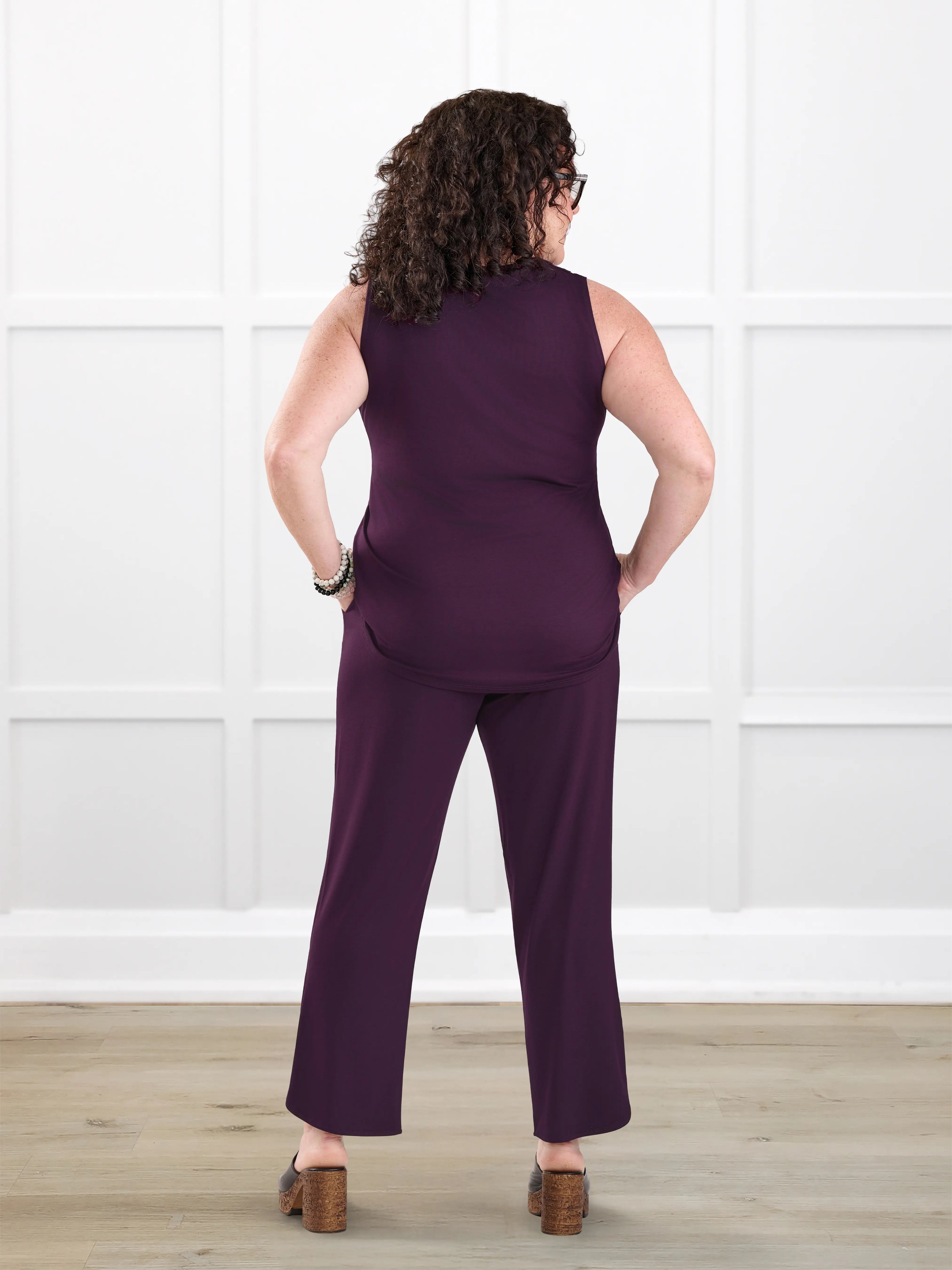 Juna open back dressy capri jumpsuit for women in Port on model Kerri, size M @Kerri-M 