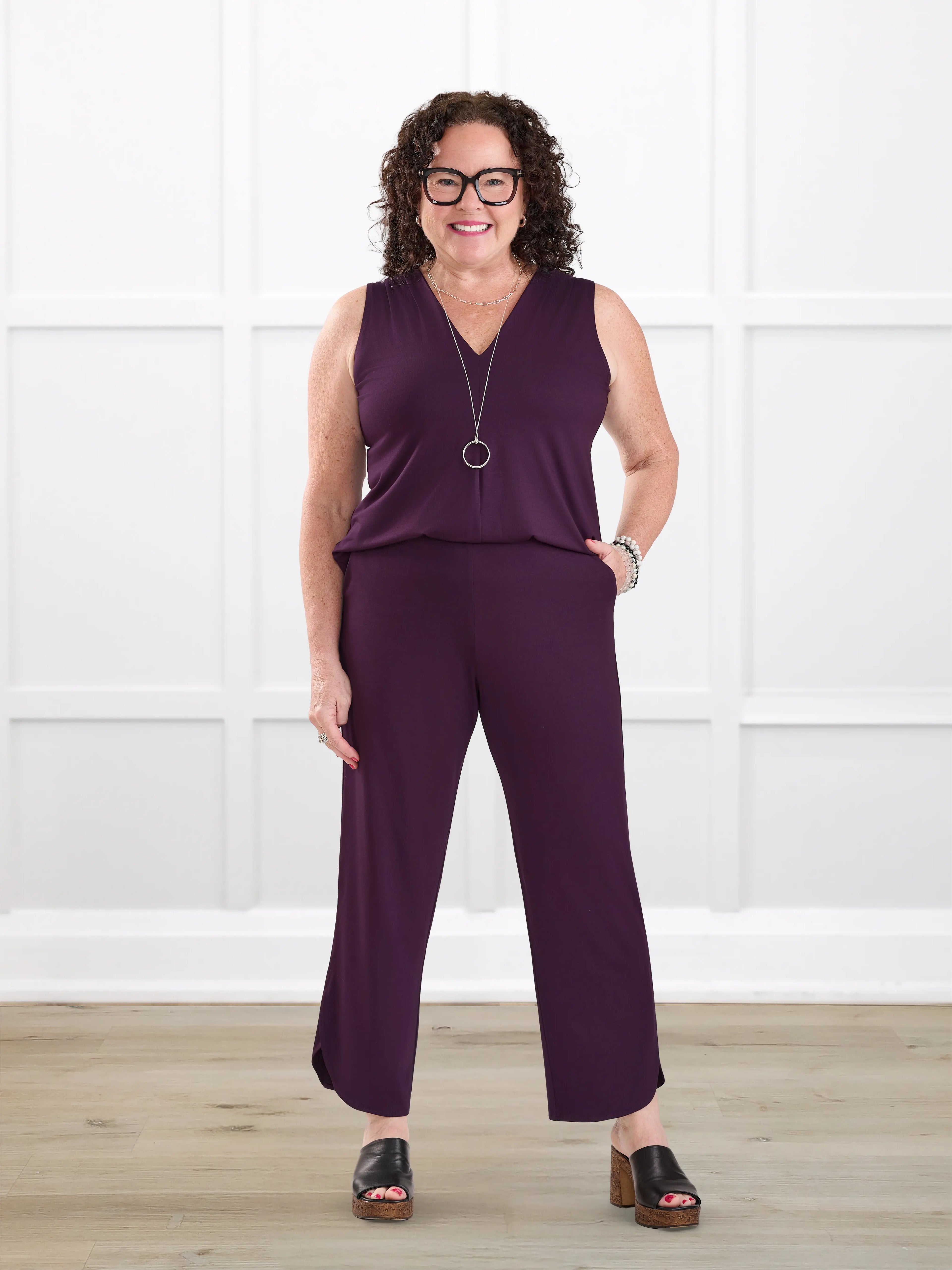 Juna open back dressy capri jumpsuit for women in Port on model Kerri, size M @Kerri-M 