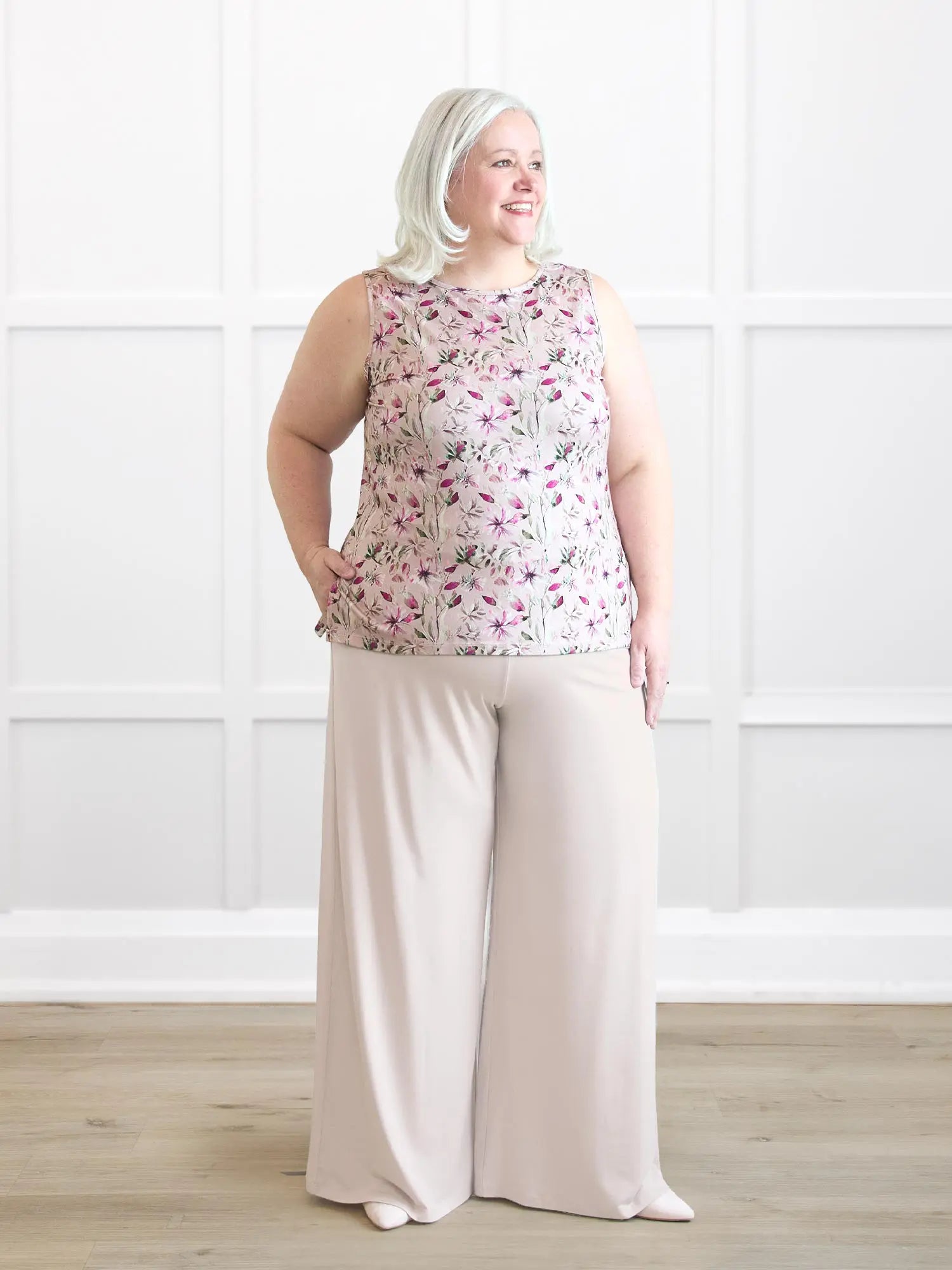 Kaleo high waisted wide leg pant for women 00 in Sandstone on model Colleen, size XXL Petite @Colleen-XXL-petite 