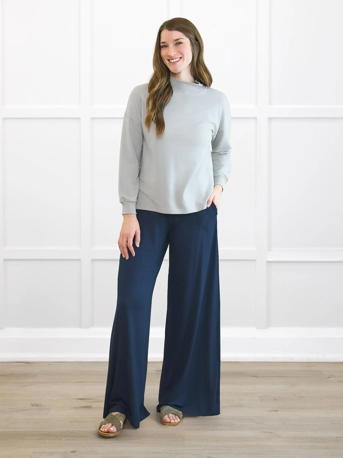 Kaleo high waisted wide leg pant for women in Navy on model Bethany, size S Long @Bethany-S-long 