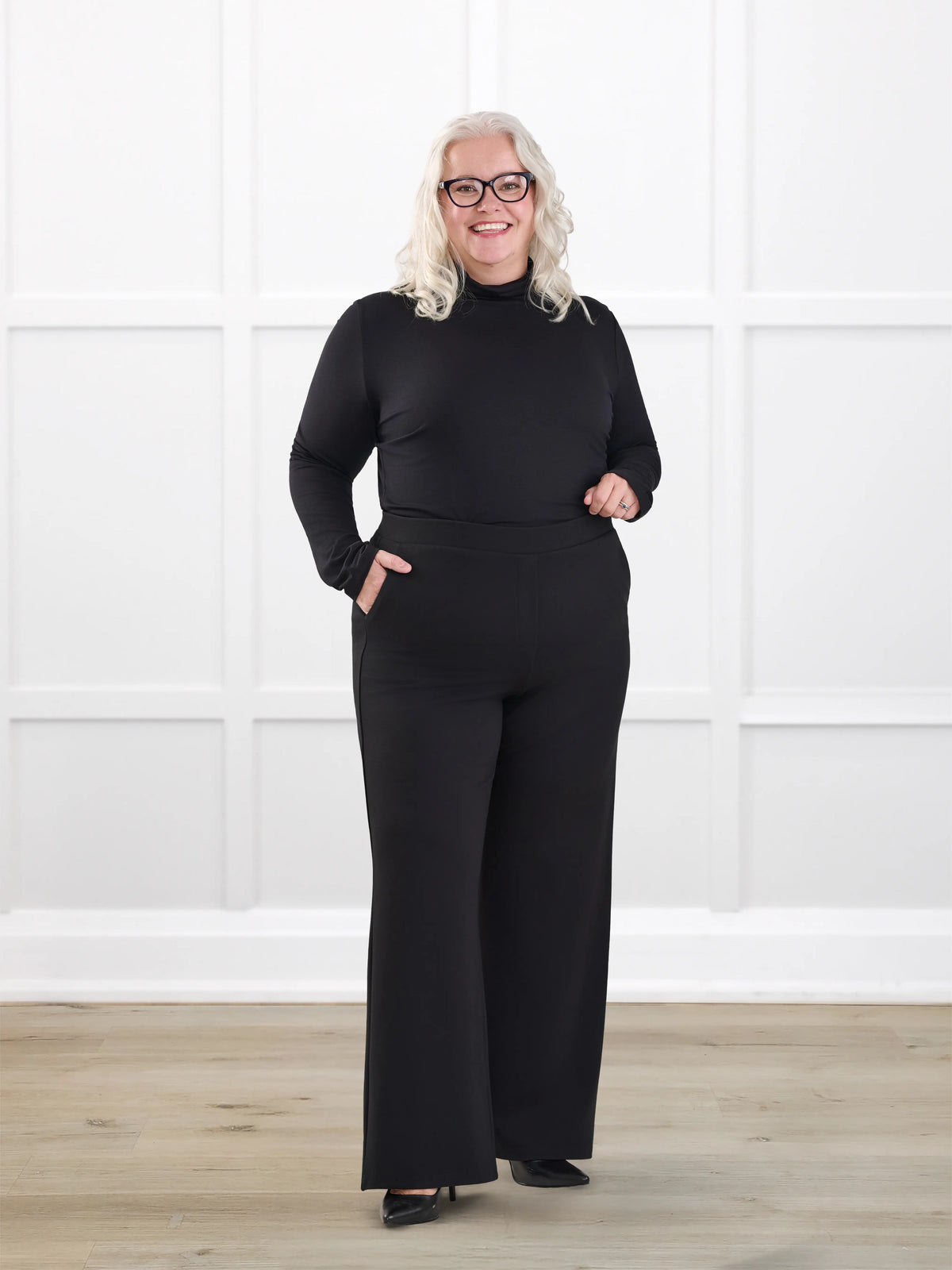 Kamaria wide leg ponte pant for women in Black on model Colleen, size XXL Petite @Colleen-XXL-petite 