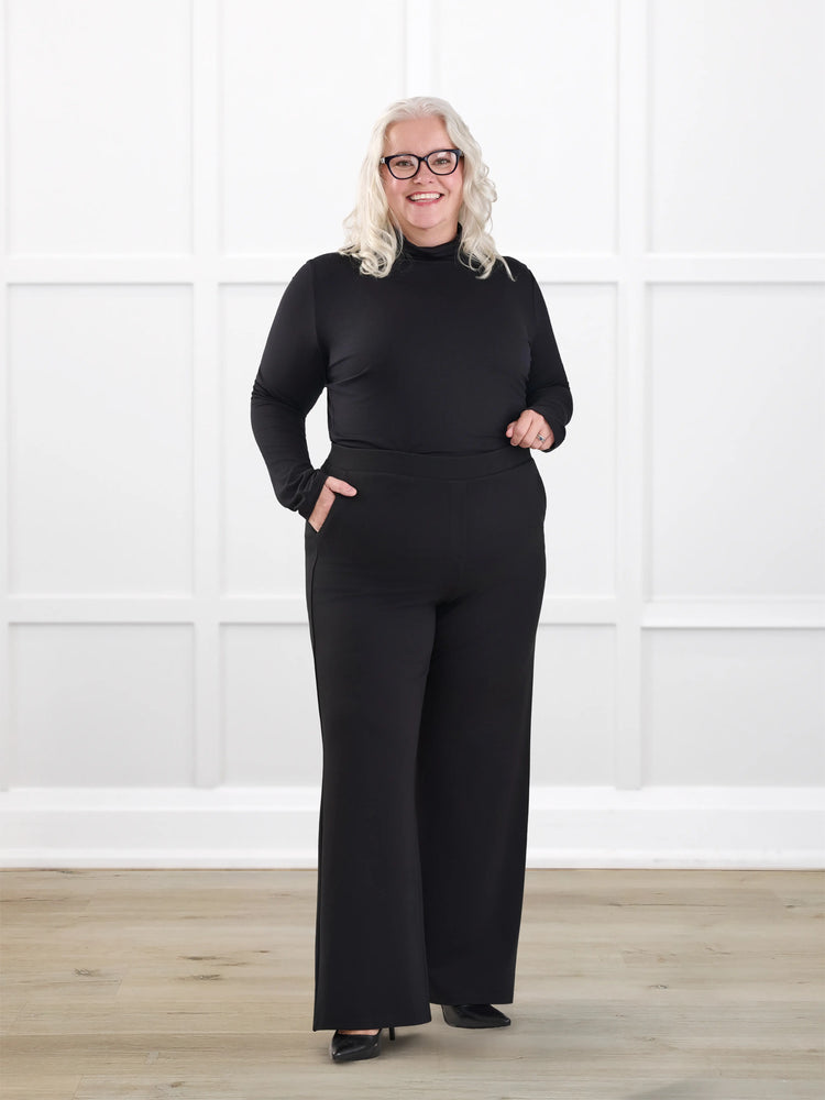 Kamaria wide leg ponte pant for women in Black on model Colleen, size XXL Petite @Colleen-XXL-petite 