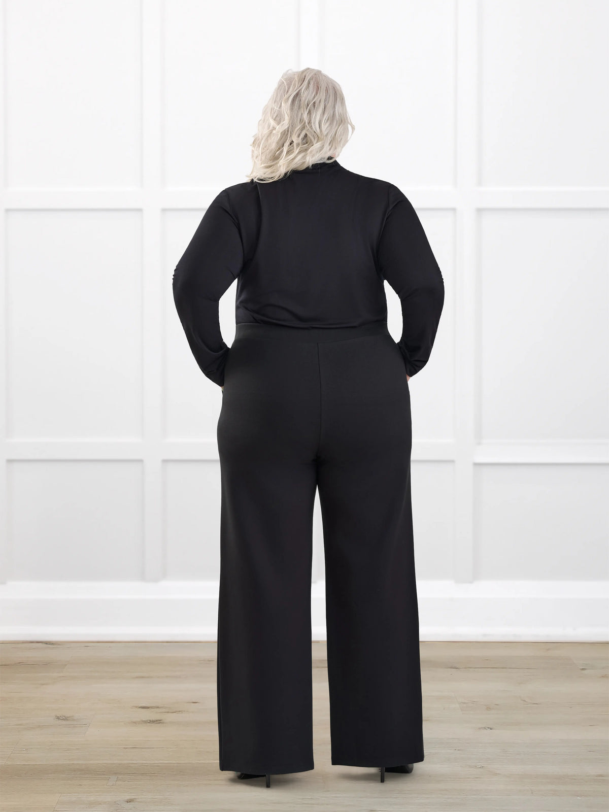 Kamaria wide leg ponte pant for women in Black on model Colleen, size XXL Petite @Colleen-XXL-petite 