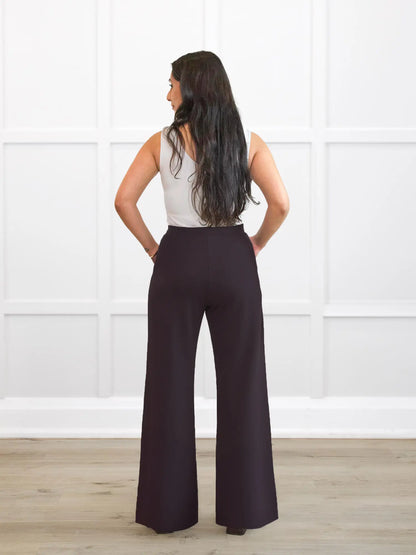 Kamaria wide leg ponte pant for women in Espresso on model Yasmine, size XS Petite @Yasmine-XS-petite 