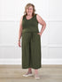 Kavita open back capri jumpsuit for women in Cactus green on model Deb, size XL @Deb-XL 