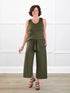 Kavita open back capri jumpsuit for women in Cactus green on model Donna, size S @Donna-S 