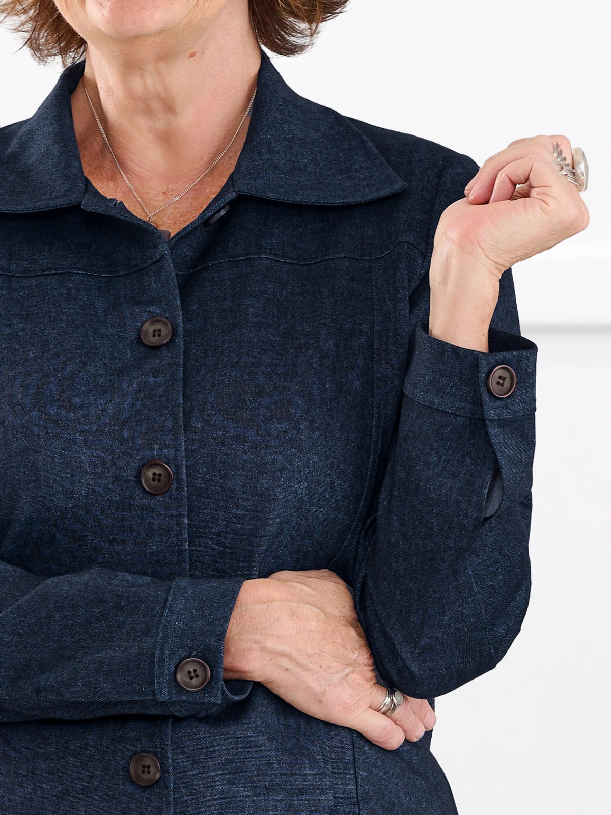Kenzie faux denim stretch jean jacket for women in Indigo blue 
