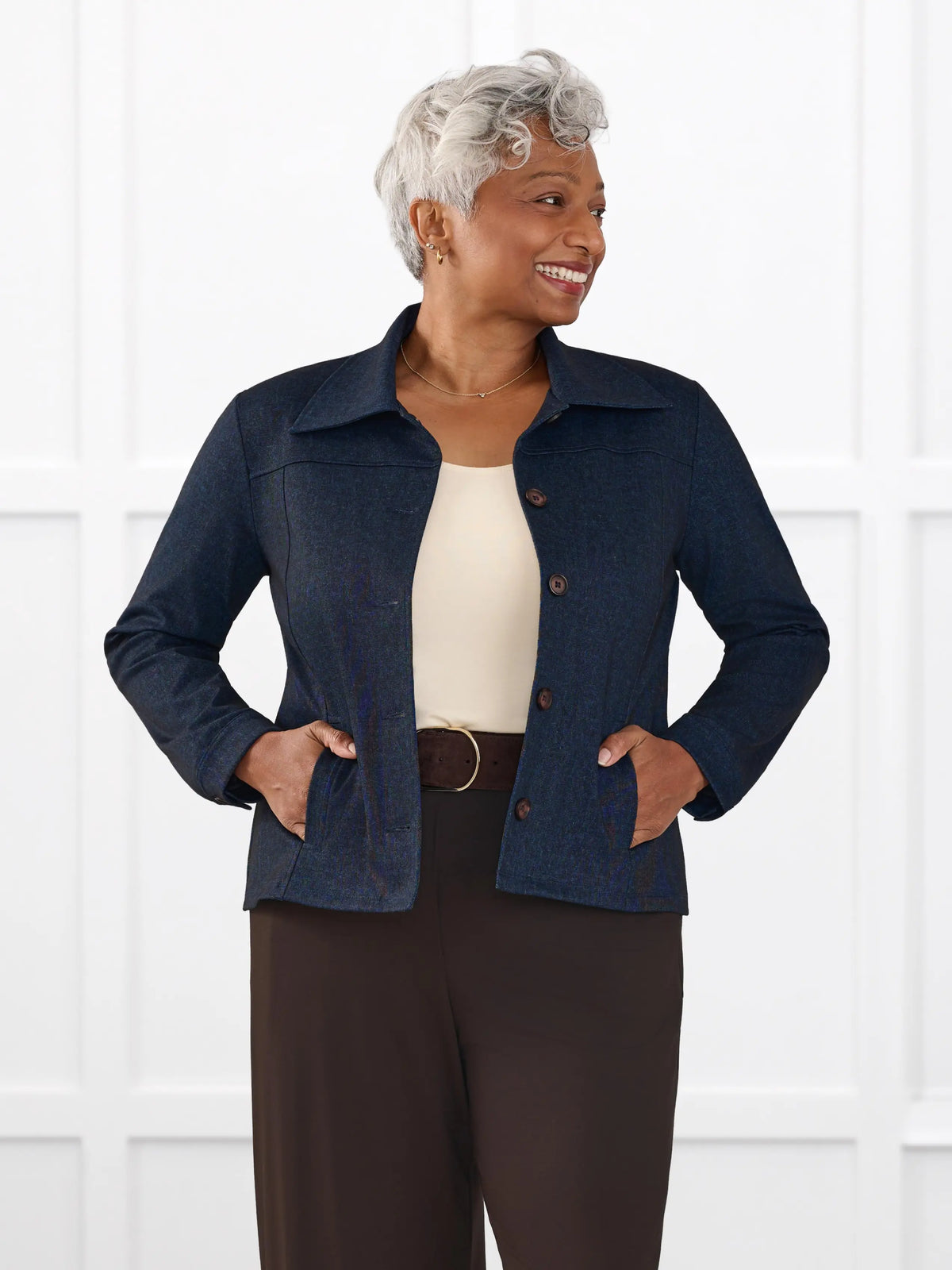 Kenzie faux denim stretch jean jacket for women in Indigo blue on model Keethai, size M @Keethai-M 