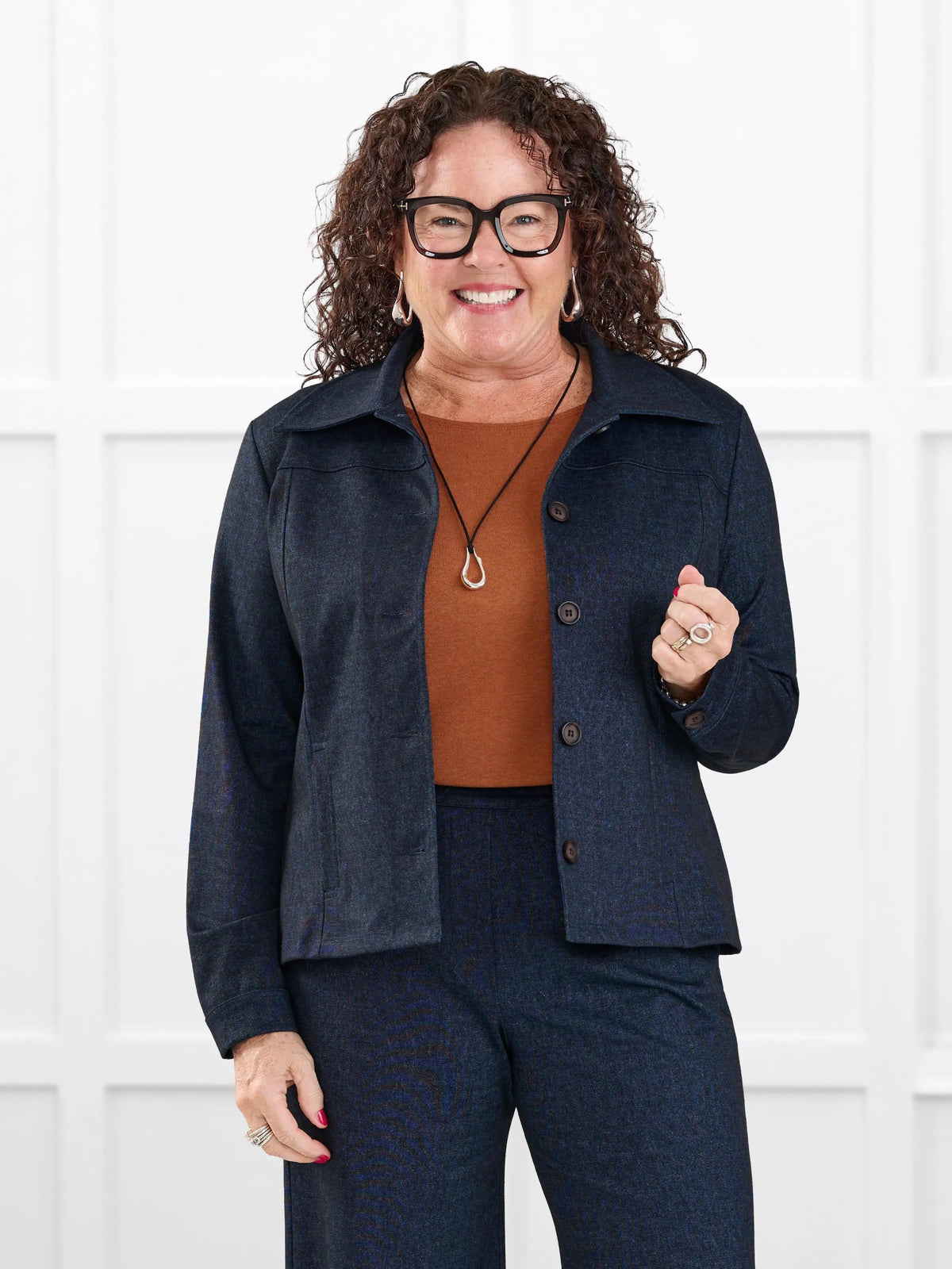 Kenzie faux denim stretch jean jacket for women in Indigo blue on model Kerri, size M @Kerri-M 