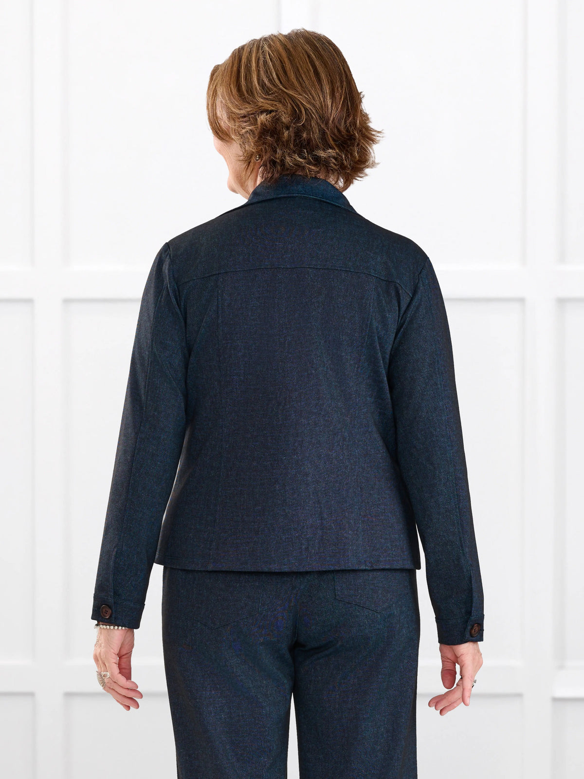 Kenzie faux denim stretch jean jacket for women in Indigo blue on model Donna, size S @Donna-S 