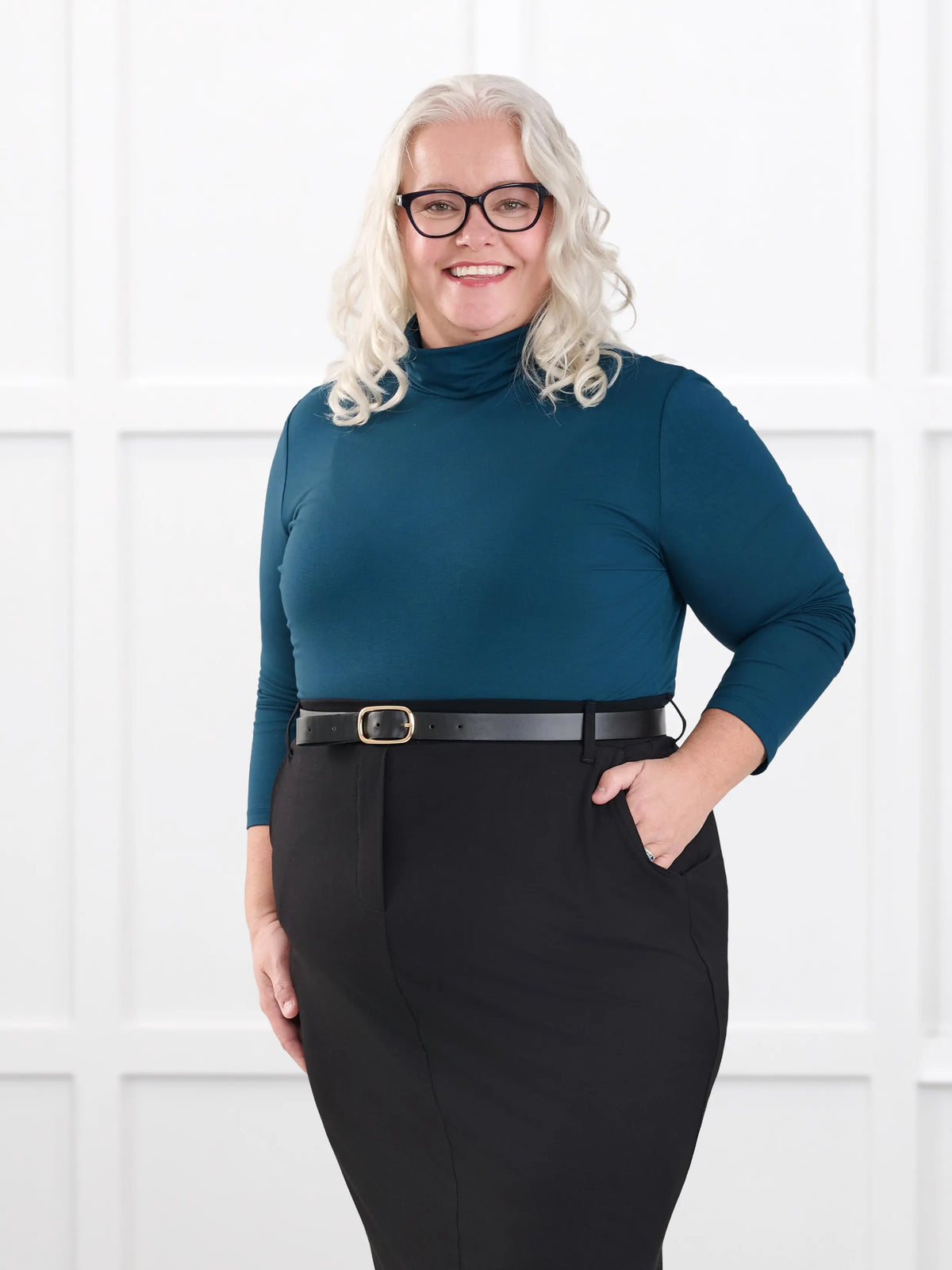 Kerry turtleneck top for women in Atlantic on model Colleen, size XXL @Colleen-XXL 