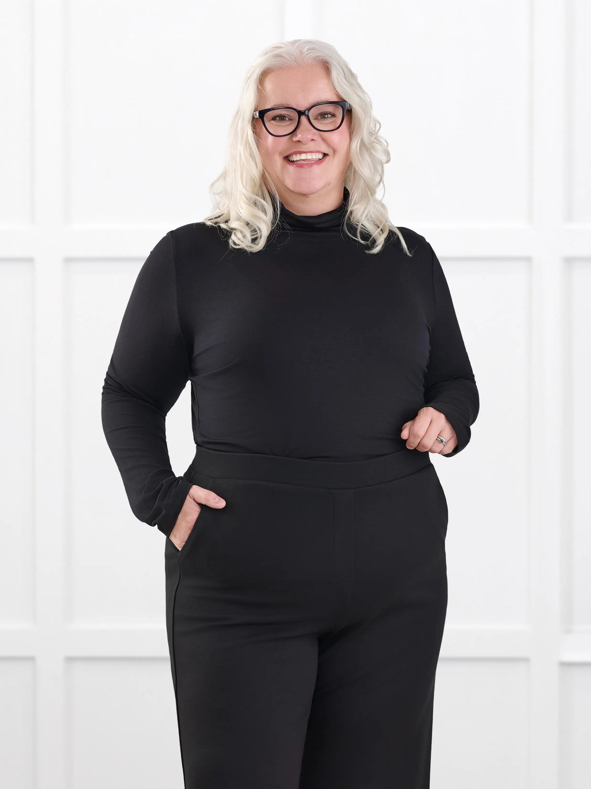 Kerry turtleneck top for women in Black on model Colleen, size XXL @Colleen-XXL 