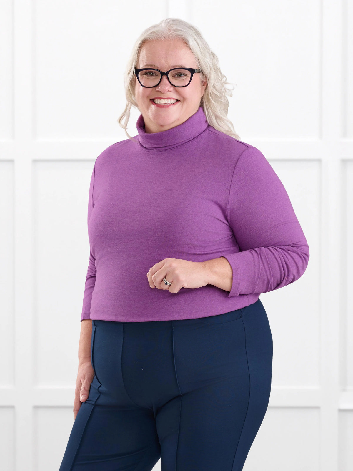 Kerry turtleneck top for women in Lupin melange on model Colleen, size XXL @Colleen-XXL 