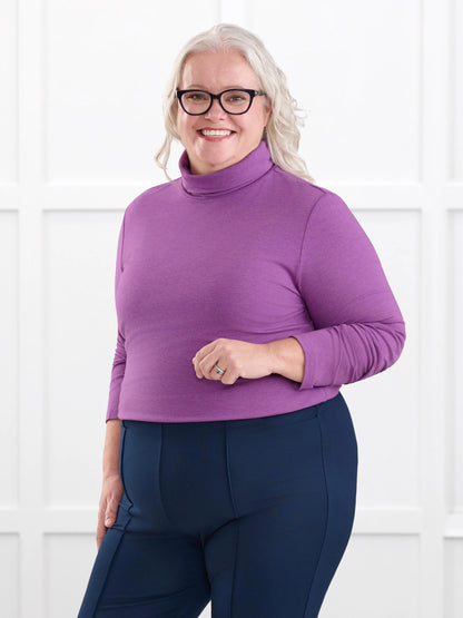 Kerry turtleneck top for women in Lupin melange on model Colleen, size XXL @Colleen-XXL 
