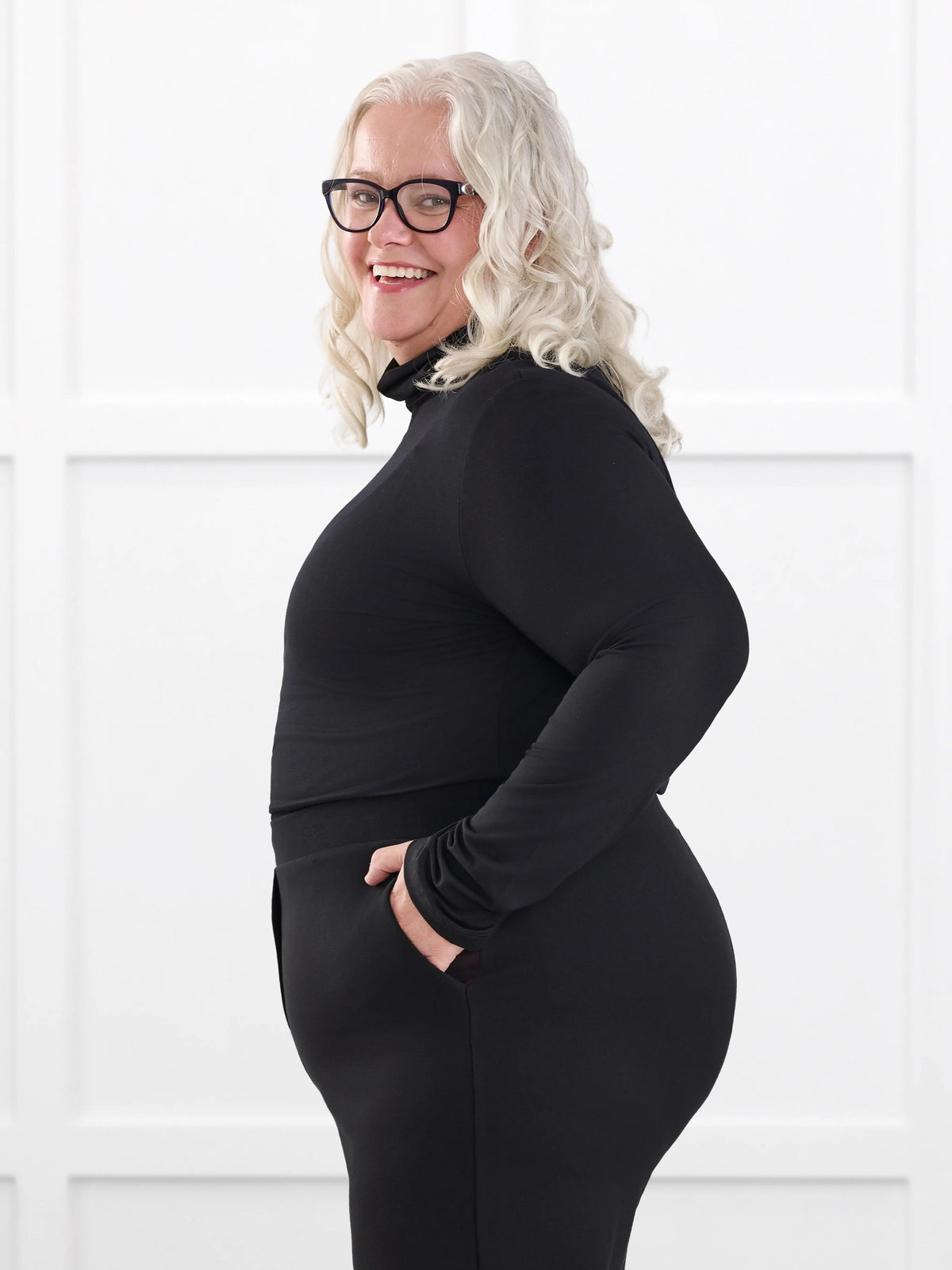 Kerry turtleneck top for women in Black on model Colleen, size XXL @Colleen-XXL 