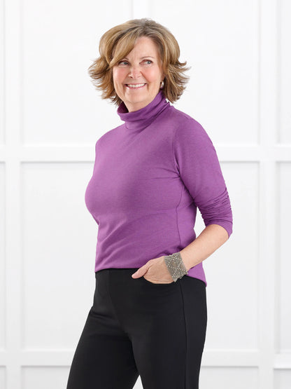 Kerry turtleneck top for women in Lupin melange on model Donna, size S @Donna-S 
