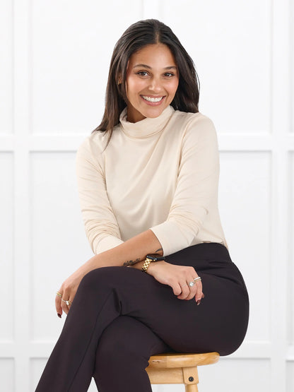 Kerry turtleneck top for women in Shortbread on model Meron, size XS @Meron-XS 