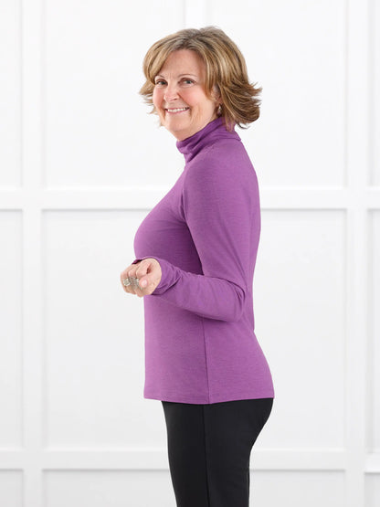 Kerry turtleneck top for women in Lupin melange on model Donna, size S @Donna-S 