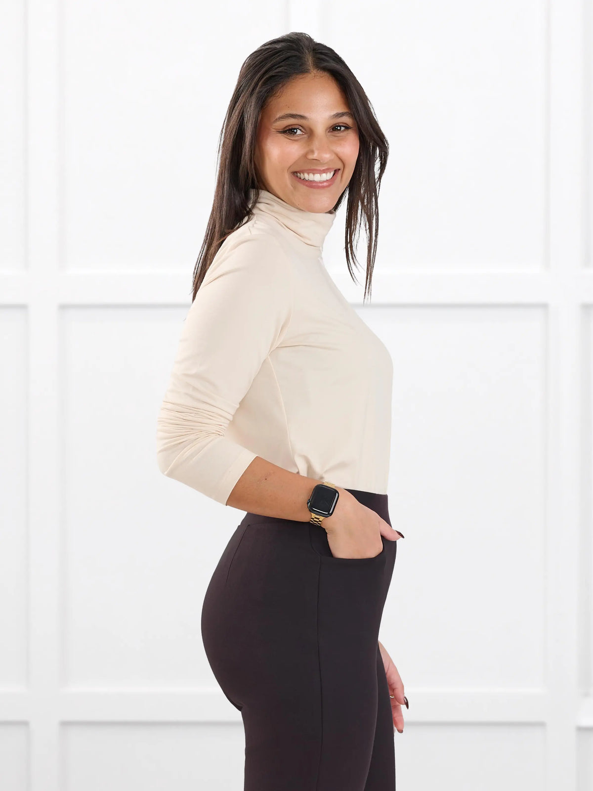 Kerry turtleneck top for women in Shortbread on model Meron, size XS @Meron-XS 