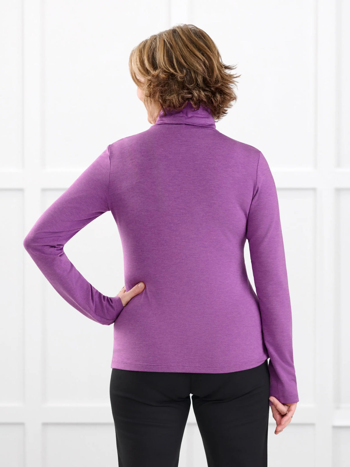Kerry turtleneck top for women in Lupin melange on model Donna, size S @Donna-S 