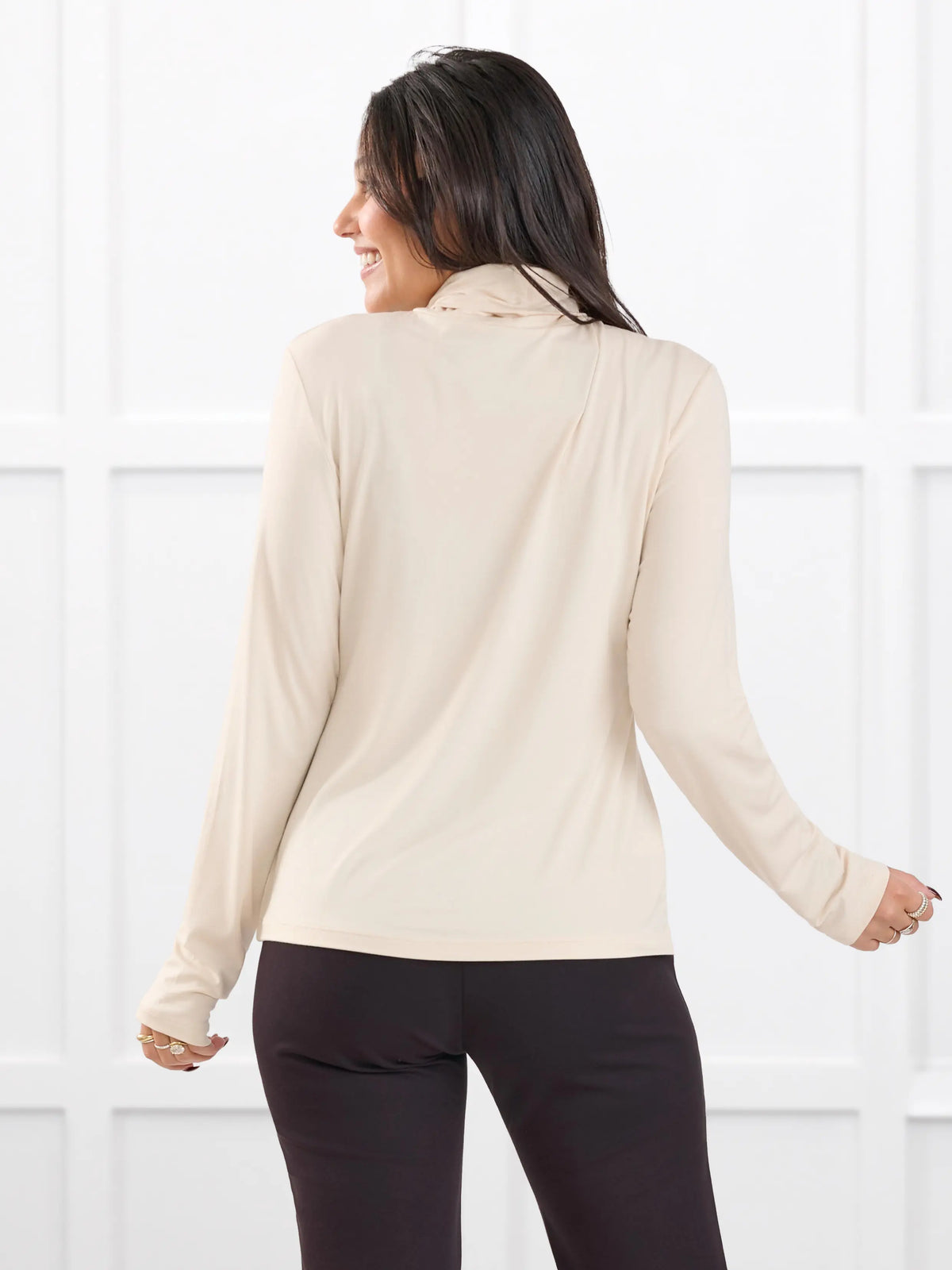 Kerry turtleneck top for women in Shortbread on model Meron, size XS @Meron-XS 