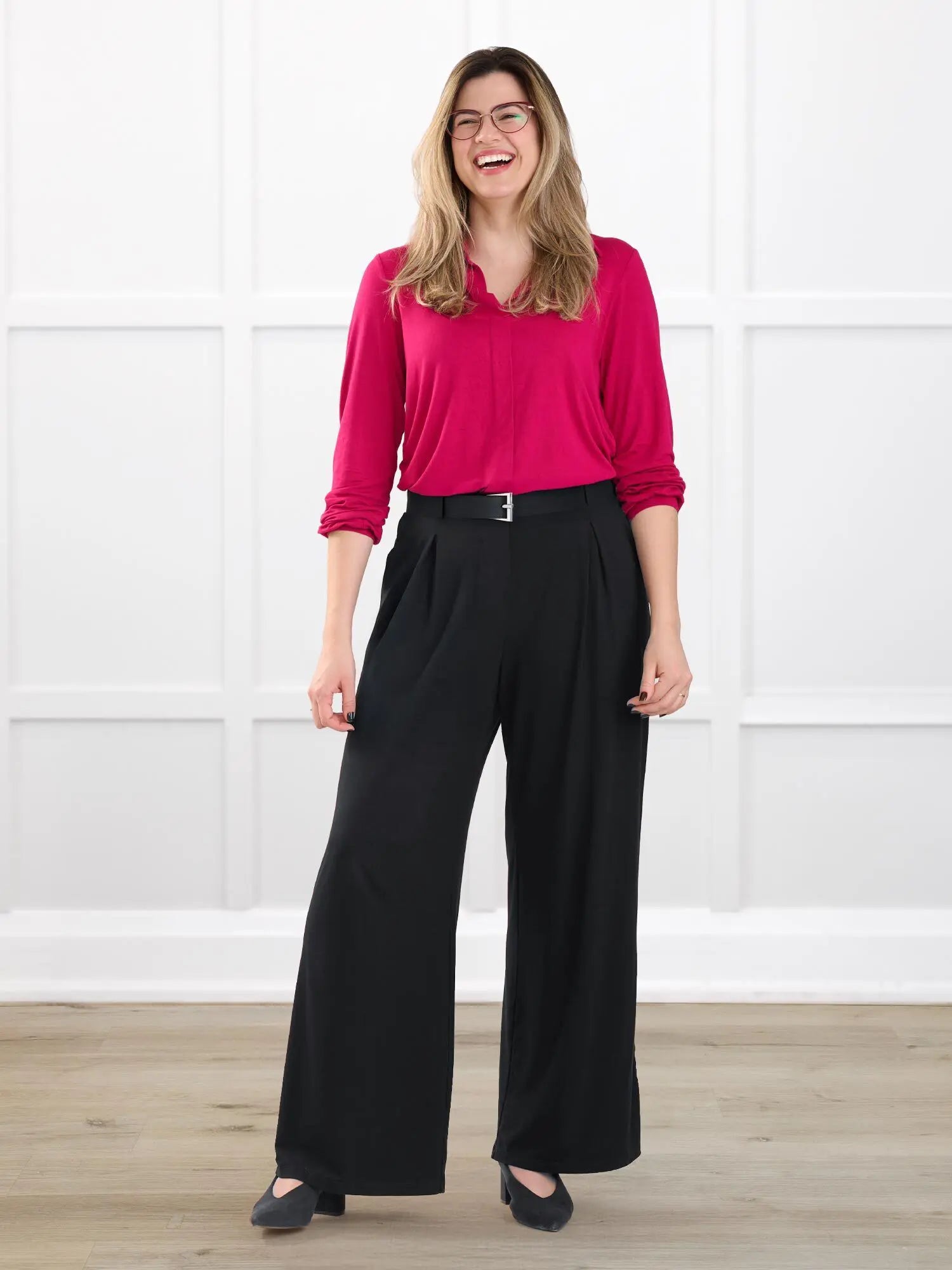 Kiya high waisted wide leg pleated pant for women in Black on model Ana, size S Regular @Ana-S-regular 