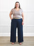Kiya high waisted wide leg pleated pant for women 00 in Navy on model Cristina, size XXL Regular @Cristina-XXL-petite 