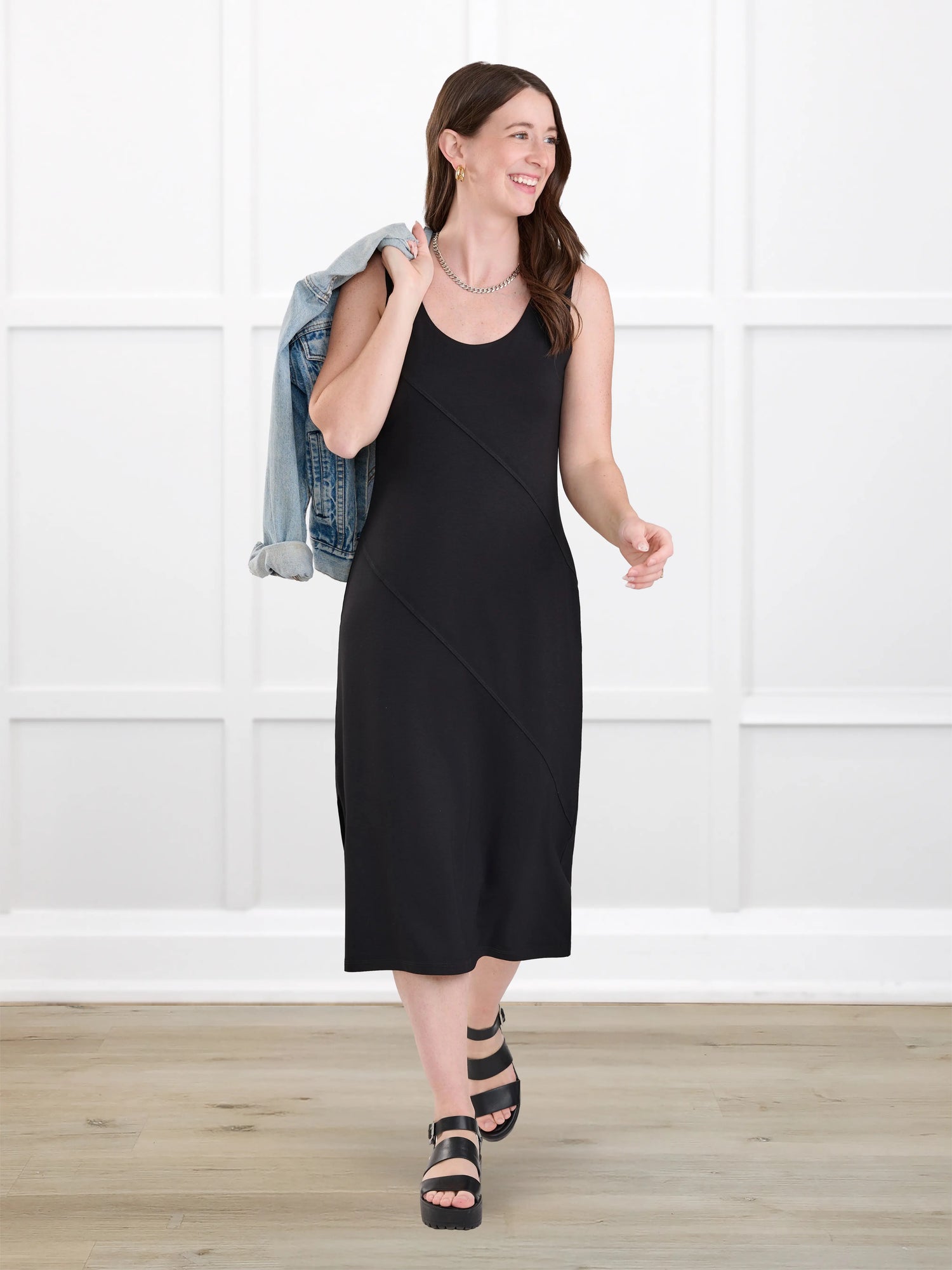 Korbin reversible neckline shelf bra midi dress for women in Black on model Jo, size XS @Jo-XS 