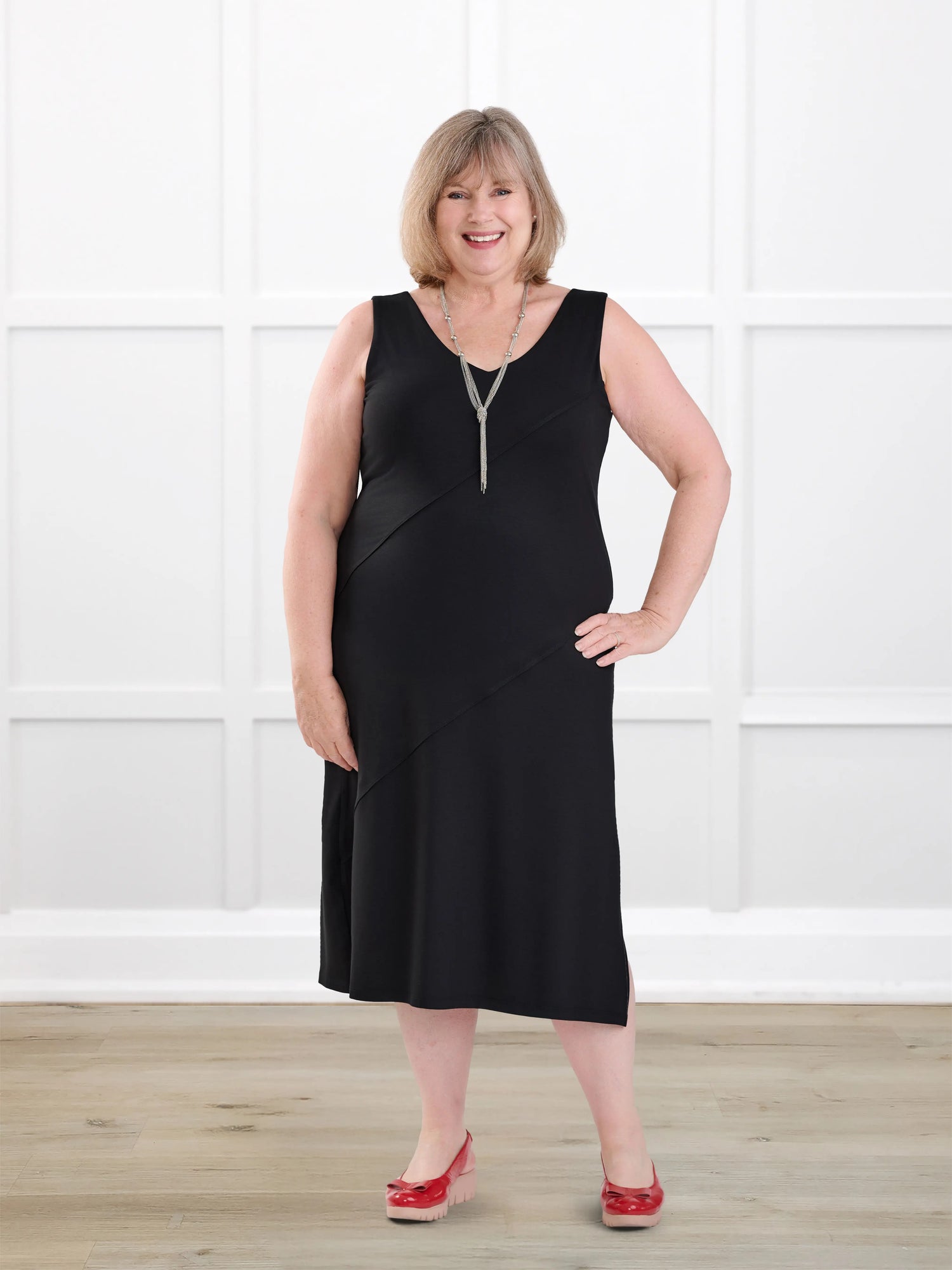 Korbin reversible neckline shelf bra midi dress for women in Black on model Laurie, size XXL @Laurie-XXL 