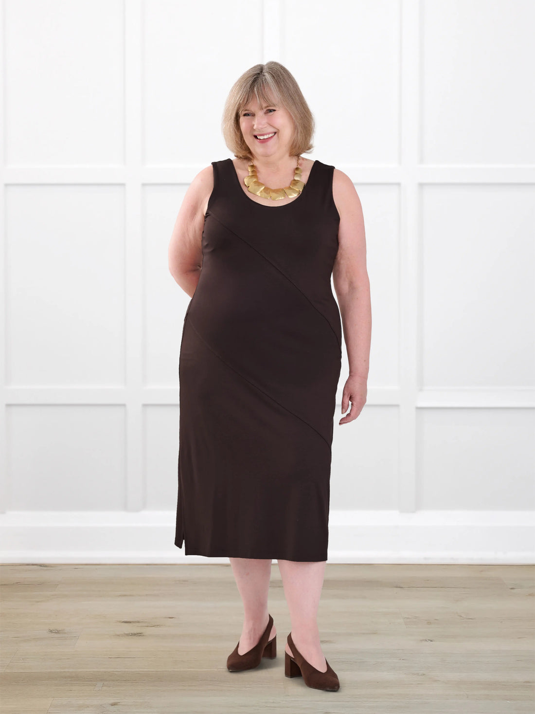 Korbin reversible neckline shelf bra midi dress for women in Dark chocolate on model Laurie, size XXL @Laurie-XXL 