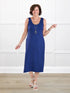 Korbin reversible neckline shelf bra midi dress for women in Marine blue on model Donna, size S @Donna-S 