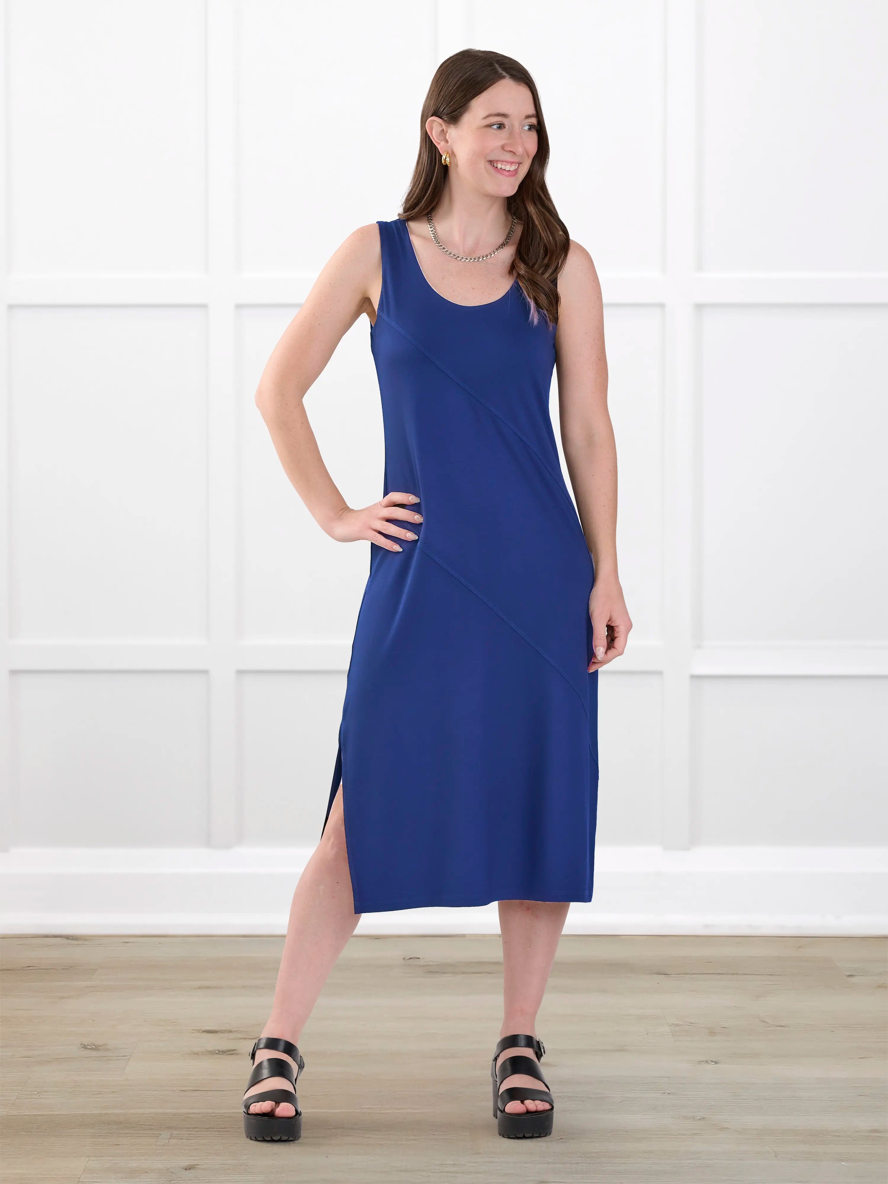 Korbin reversible neckline shelf bra midi dress for women in Marine blue on model Jo, size XS @Jo-XS 