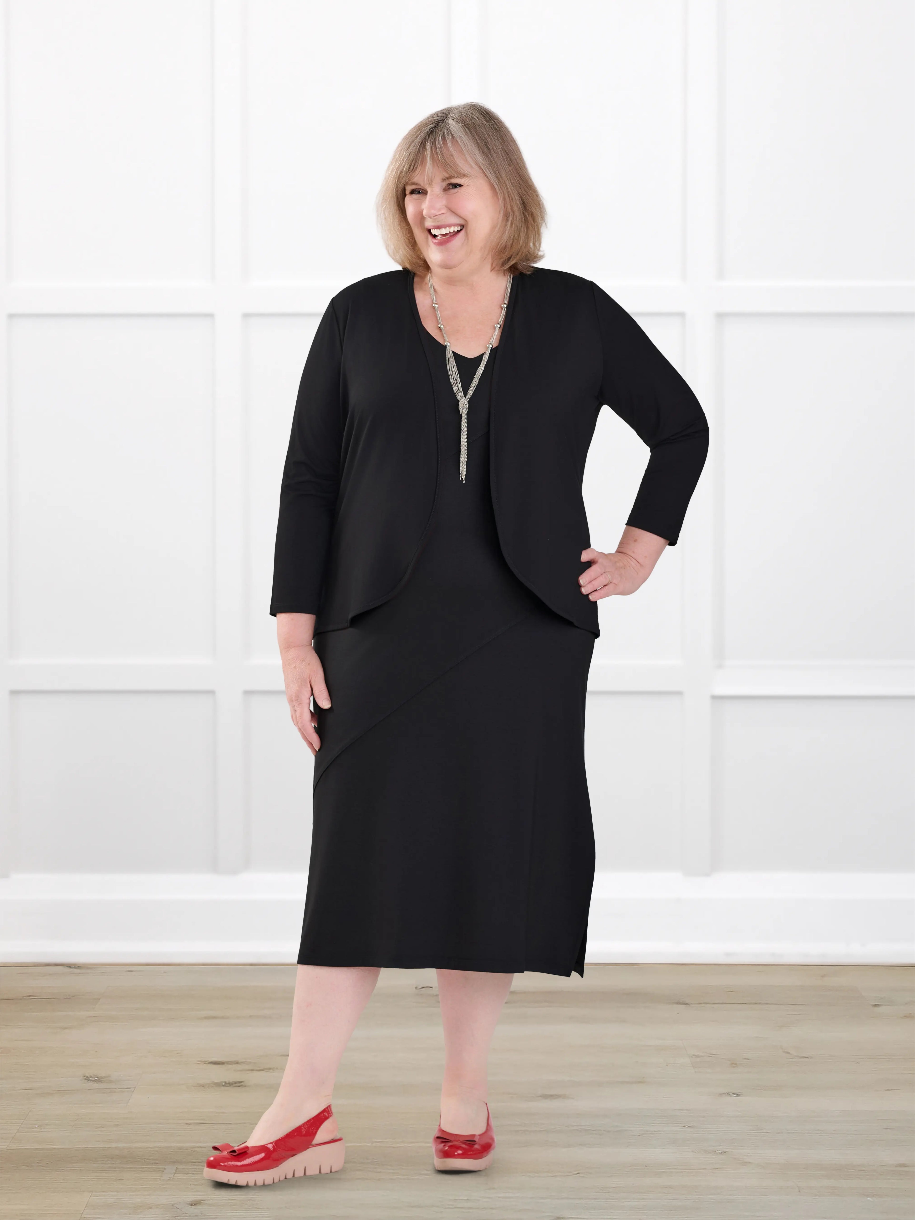 Korbin reversible neckline shelf bra midi dress for women in Black on model Laurie, size XXL @Laurie-XXL 