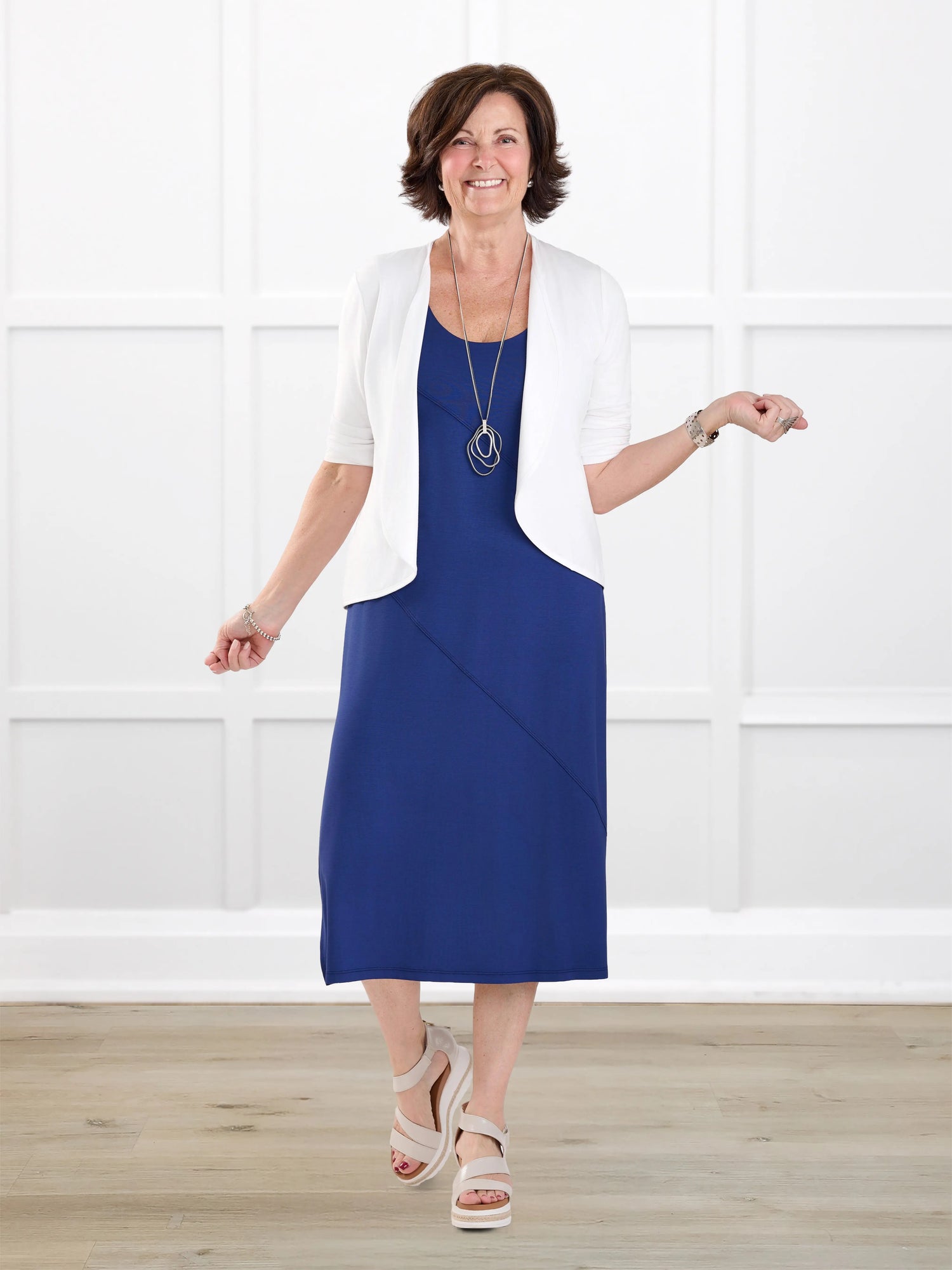 Korbin reversible neckline shelf bra midi dress for women in Marine blue on model Donna, size S @Donna-S 