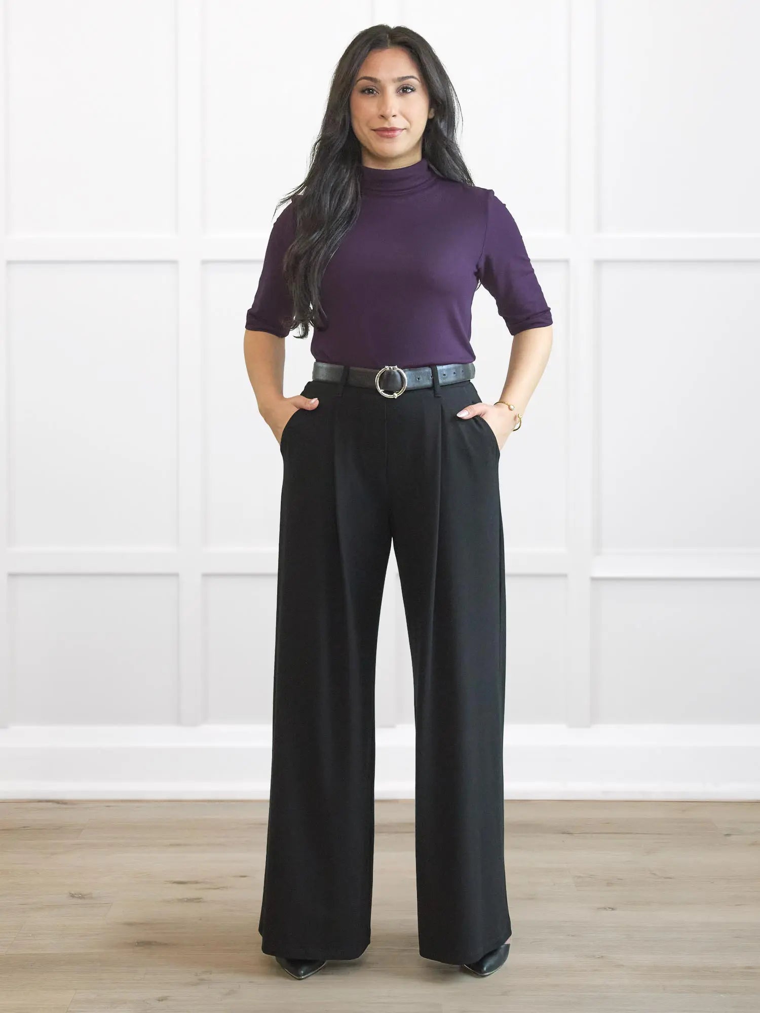 Lara high waisted wide leg pleated pant for women in Black on model Yasmine, size XS Petite @Yasmine-XS-petite 