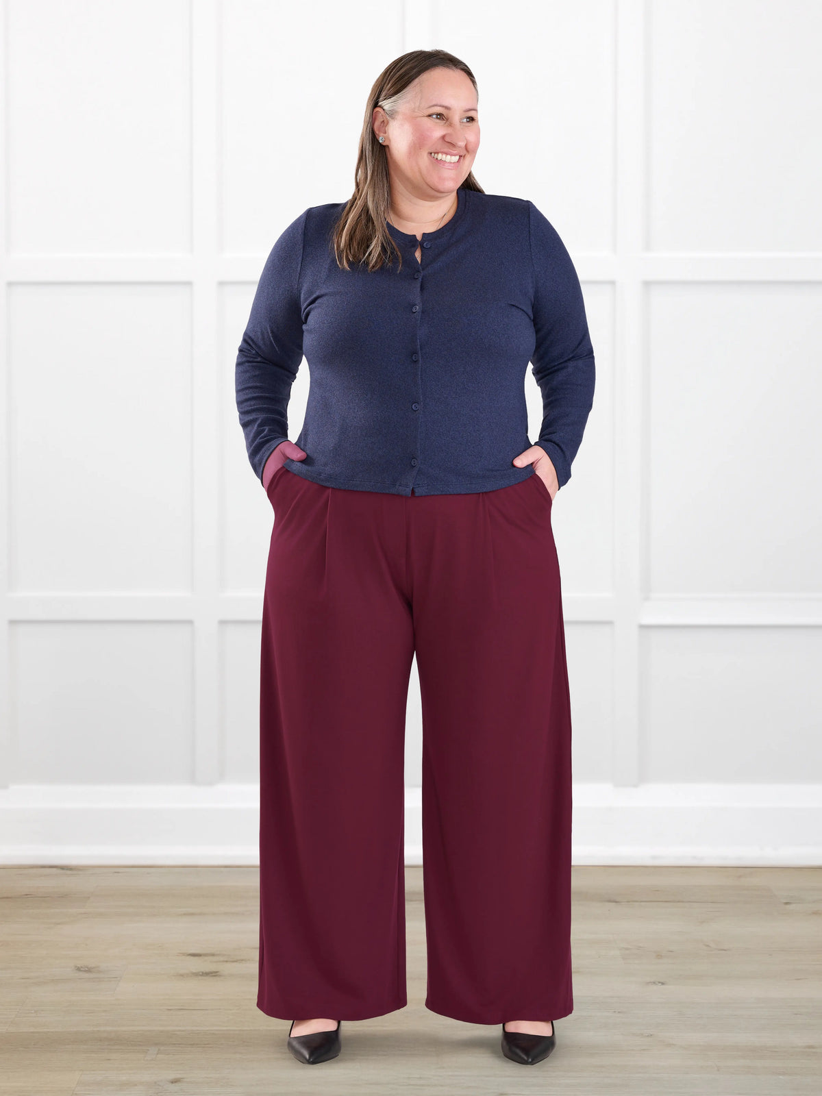 Lara high waisted wide leg pleated pant for women in Merlot on model Cristina, size XXL Petite @Cristina-XXL-petite 